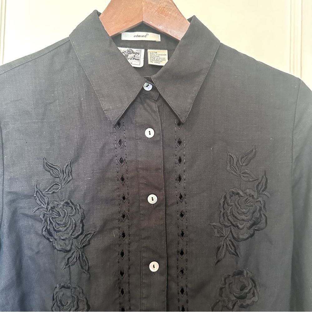 Edward Irish Linen Black Floral Embroidered Shirt with Eyelet & Tie Cuff Details